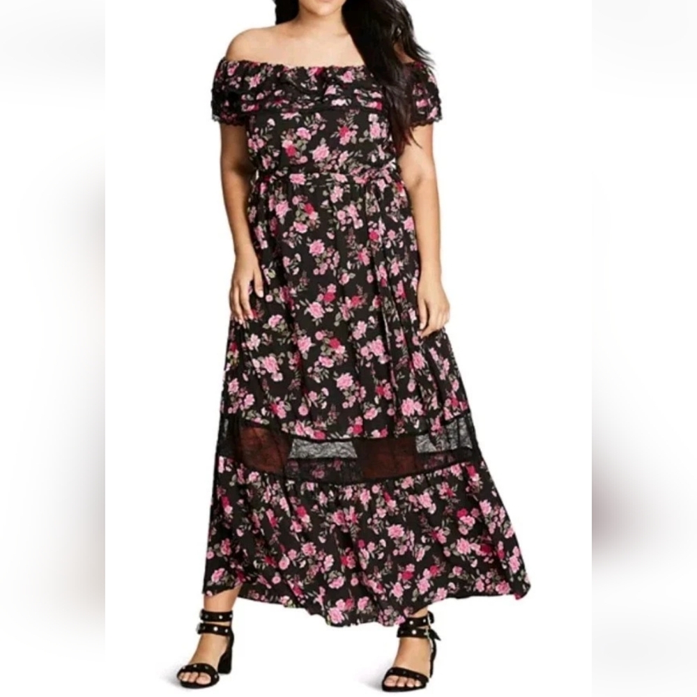 City Chic Free Love Off Shoulder Maxi Dress Plus Sz 1X 18W Back Ditsy Floral Nwt